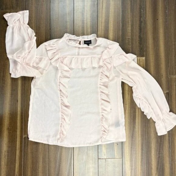 Sheer Pink size S Ruffle Mock Neck Blouse Top Long Sleeve Balloon Sleeves Cuff - Picture 1 of 8